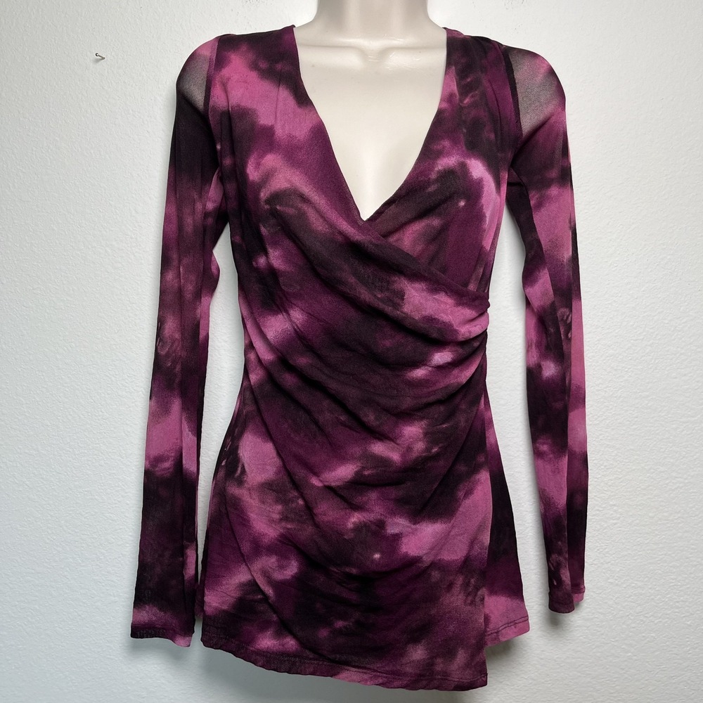VTG 90s y2k Women Faux Wrap Babydoll Top‎ Medium Burgundy Nylon Knit Whimsigoth